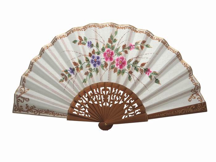 Beige Fan with Hand Painted Flowers and Polished Pear Wood Lace Ribs. 45X25cm