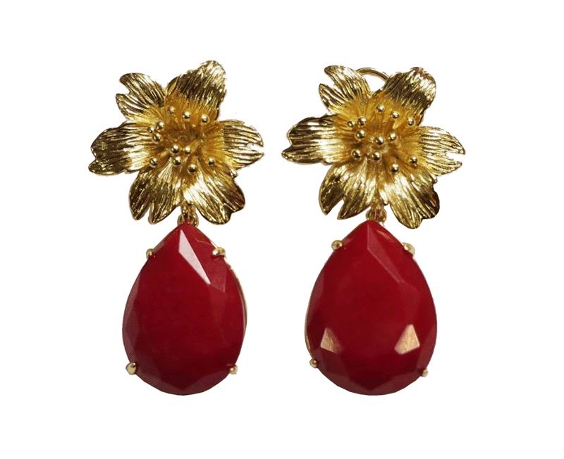 Jewelry Earrings. Golden Flower and Red Stone
