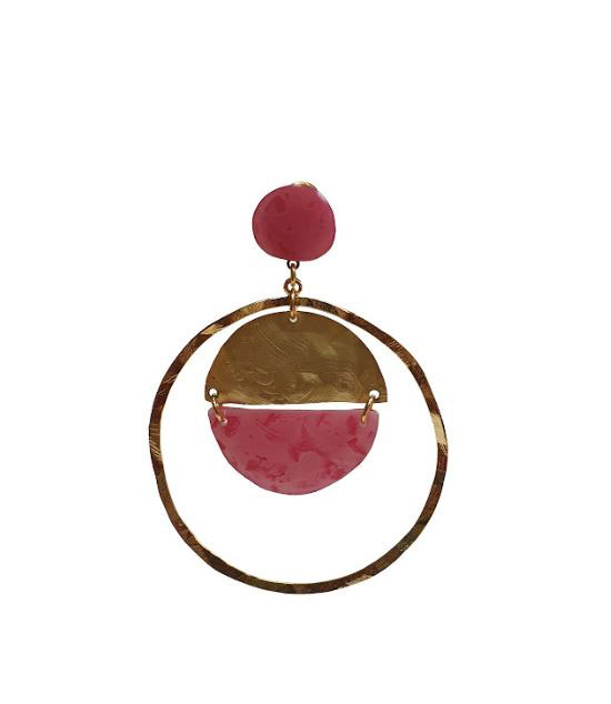 Gold Hoop Earring and Strawberry Crystal Stone
