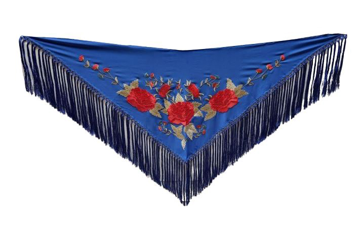 Blue Embroidered Small Shawls with 3 Large Red Roses