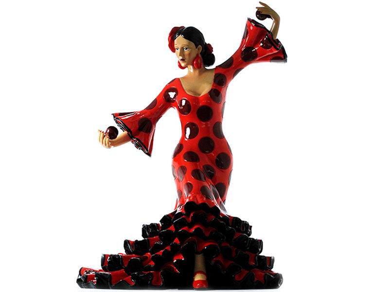 Bailaora Jouant des Castagnettes avec Robe de Flamenco Rouge à Pois Noirs. 28cm