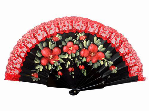 Hand Painted Wood Fan with Red Lace