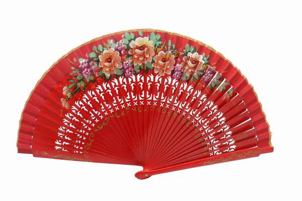 Cheap Red Wood Fan with Painted Flowers