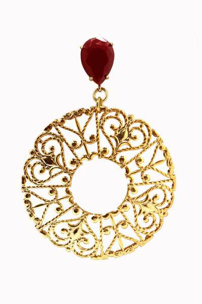 Filigree Gold Hoop Earrings with a Red Stone