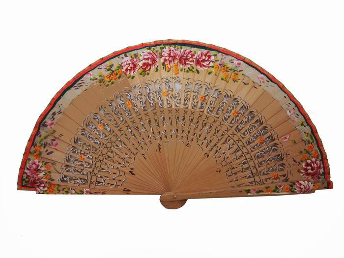 Beige Fan with Fretwork and Hand-painted Flowers in both sides