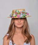 Sara Straw Boater Hat. Straw and Multicolor Flowers Headdress