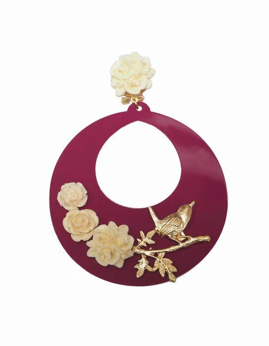 Flamenco Earrings in Bougainvillea Acetate Decorated with Flowers and a Branch with Golden Bird
