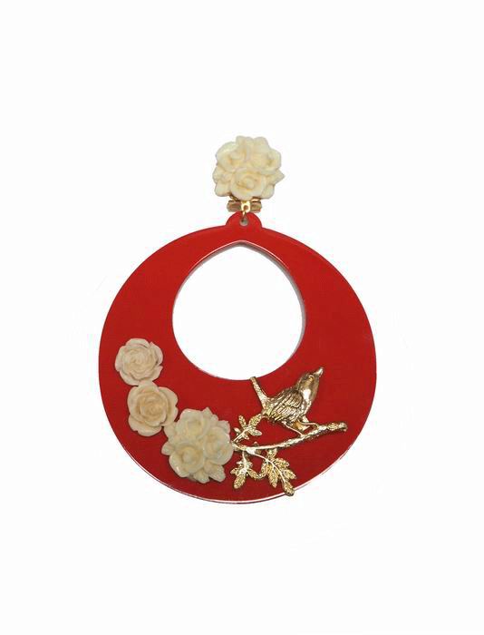 Red Acetate Flamenca Earrings Decorated with Flowers and a Golden Bird on a Branch