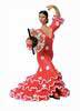 Danseuse Flamenca Costume Rouge Mat à Pois Blancs avec Eventail. 17cm
