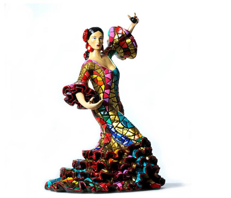 Bailaora Carnival Tocando Castañuelas con Traje de Flamenco Multicolor. 28cm