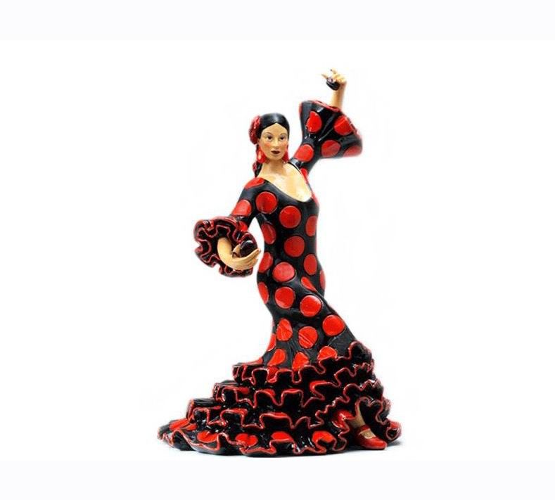 Bailaora Tocando Castañuelas con Traje de Flamenca Negro Lunar Rojo. 20cm