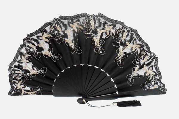 Black Satin Party Fan with Black Ribs and Black and Gold Lace Edging . Ref. 1388