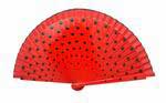 Red Fan in wood painted with black polka dots on both sides.