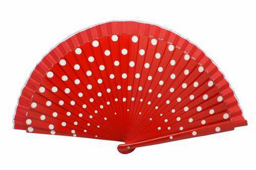 Red Fan in Wood Painted With White Polka Dots on Both Sides
