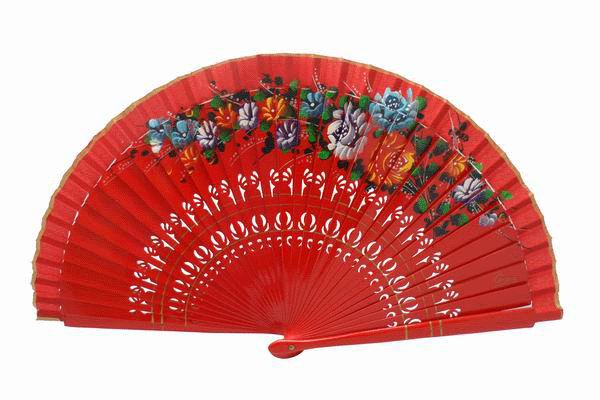 Cheap Red Wood Fan with Painted Flowers for Events