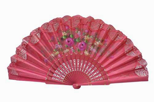 Hand painted fan with fuchsia lace. ref. 150ENCJ