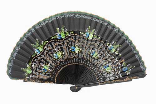 Black Wooden Fan with Fretwork and Floral motifs