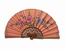 Salmon Colour Fabric Fan with Hand Painted Flowers and Polished Pear Wood Lace Ribs. 45X25cm