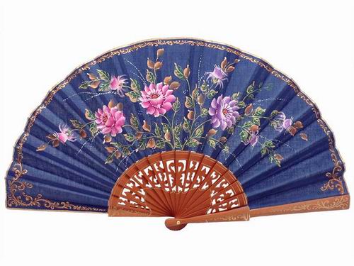 Navy Blue Fan with Hand Painted Flowers and Polished Pear Wood Lace Ribs. 45X25cm