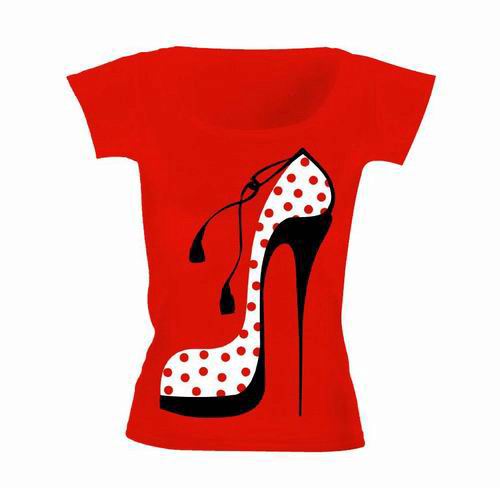 Red T-Shirt Depicting Polka Dots Shoe