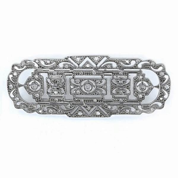 Silver Openwork Brooch with Zircons and Rectangular Shaped