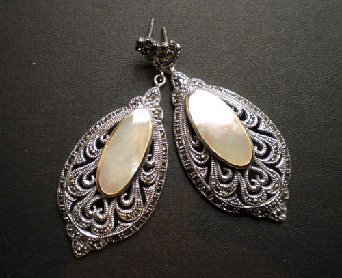Silver Marcasite And Mother-of-Pearl Earrings