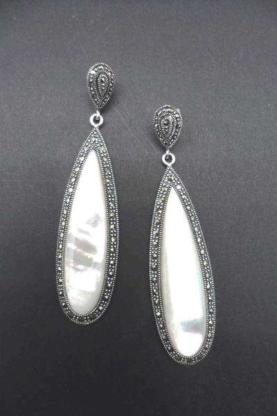 Silver Mother of Pearl And Marcasite Oval Earrings. 7cm