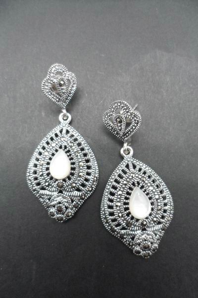 Deep Fretwork Silver and Marcasitas Earrings with Mother of Pearl Centre. 4cm