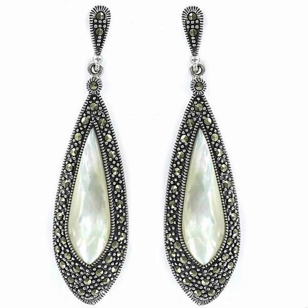 Silver Earrings with Marcasite and Mother of Pearl, Teardrop Shaped