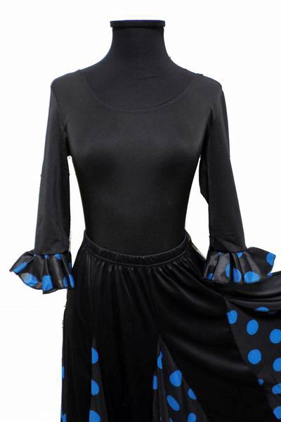 Economical Long-Sleeved Black Leotard with Turquoise Polka Dots Ruffle for Adults