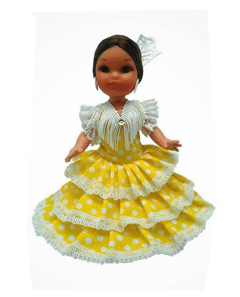 Muñecas con Traje de Flamenca Amarillo y Lunar Blanco con Peineta. 25cm