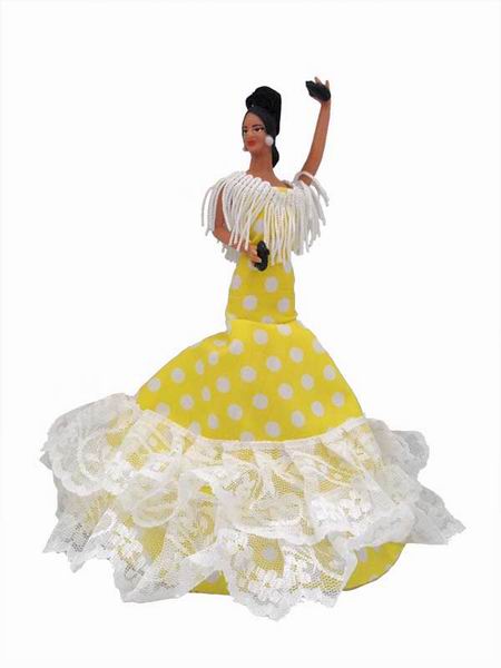 フラメンカ人形 黄色ドレス白い水玉模様. 20cm