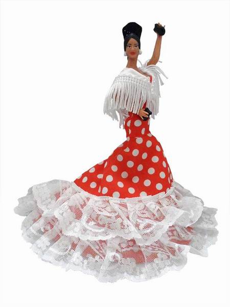 Poupée Gitane Flamenca Robe Rouge à Pois Blancs et Traîne. 20cm