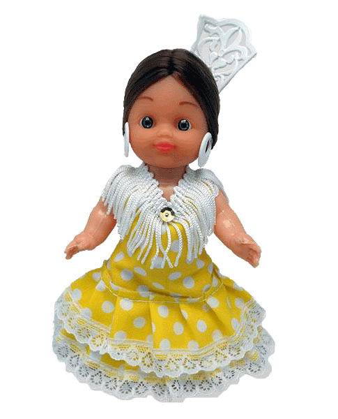 Flamenca Doll with Comb and Yellow Dress with White Polka dots. 15cm