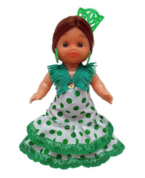 Flamenca Doll with Comb and Green Dress with White Polka dots. 15cm
