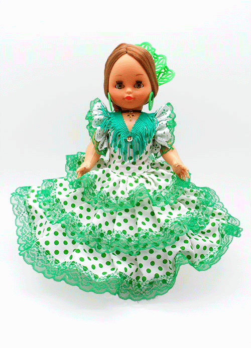 Tipical Flamenca Doll with Comb and White dress with Green polka dots. 35cm