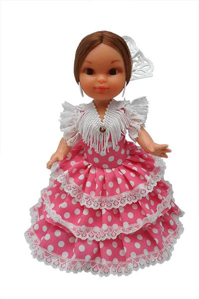 フラメンコ人形 白い水玉模様のフクシア・ドレス ペイネタ付き. 25cm