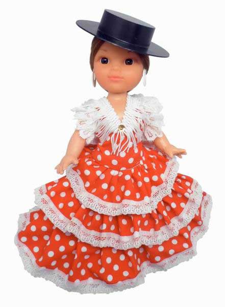 Flamenco doll with Red Dress White Dots and Black Hat. 25cm
