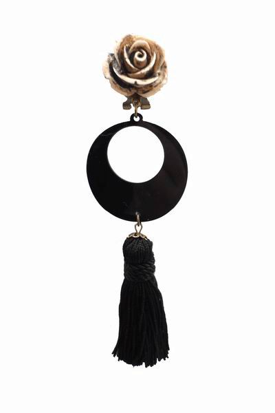Long Black Fringes Earrings with a Flower and Beige decoration