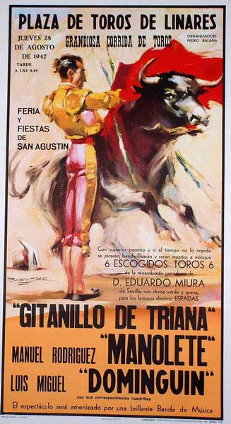闘牛イベントポスター 複製 1947年8月28日 マヌエル ロドリゲス マノレテ 闘牛張り紙