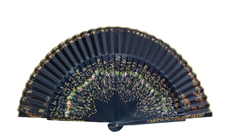 Navy Blue Fan with Openwork and Floral Decoration in Sycamore Wood. Ref. 53AZMRN