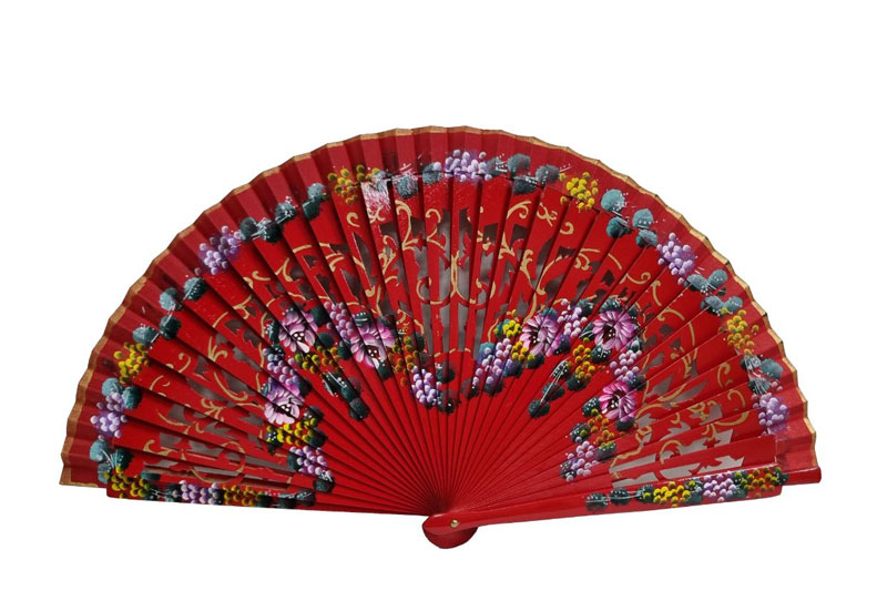 Handmade Red Fan in Sycamore Wood with Fretworked Sticks and Floral Decoration. Ref. 122 RJ
