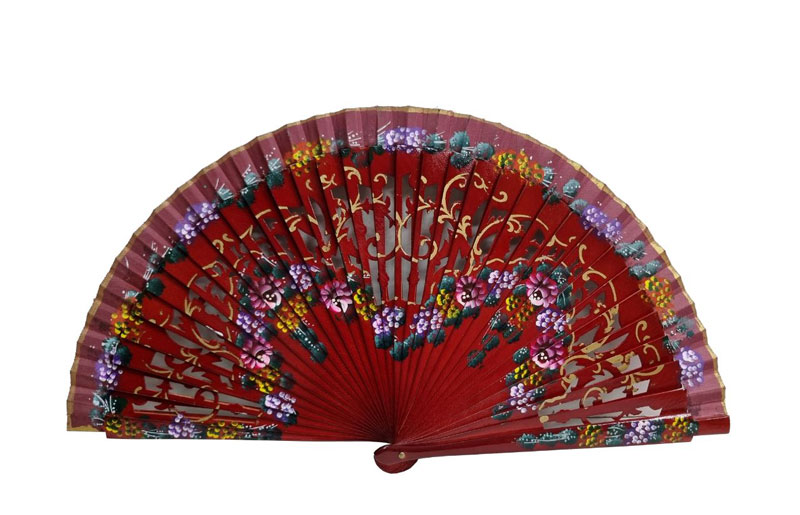 Garnet Sycamore Wooden Fan with Openwork Stems and Floral Design. Ref. 122GRNT