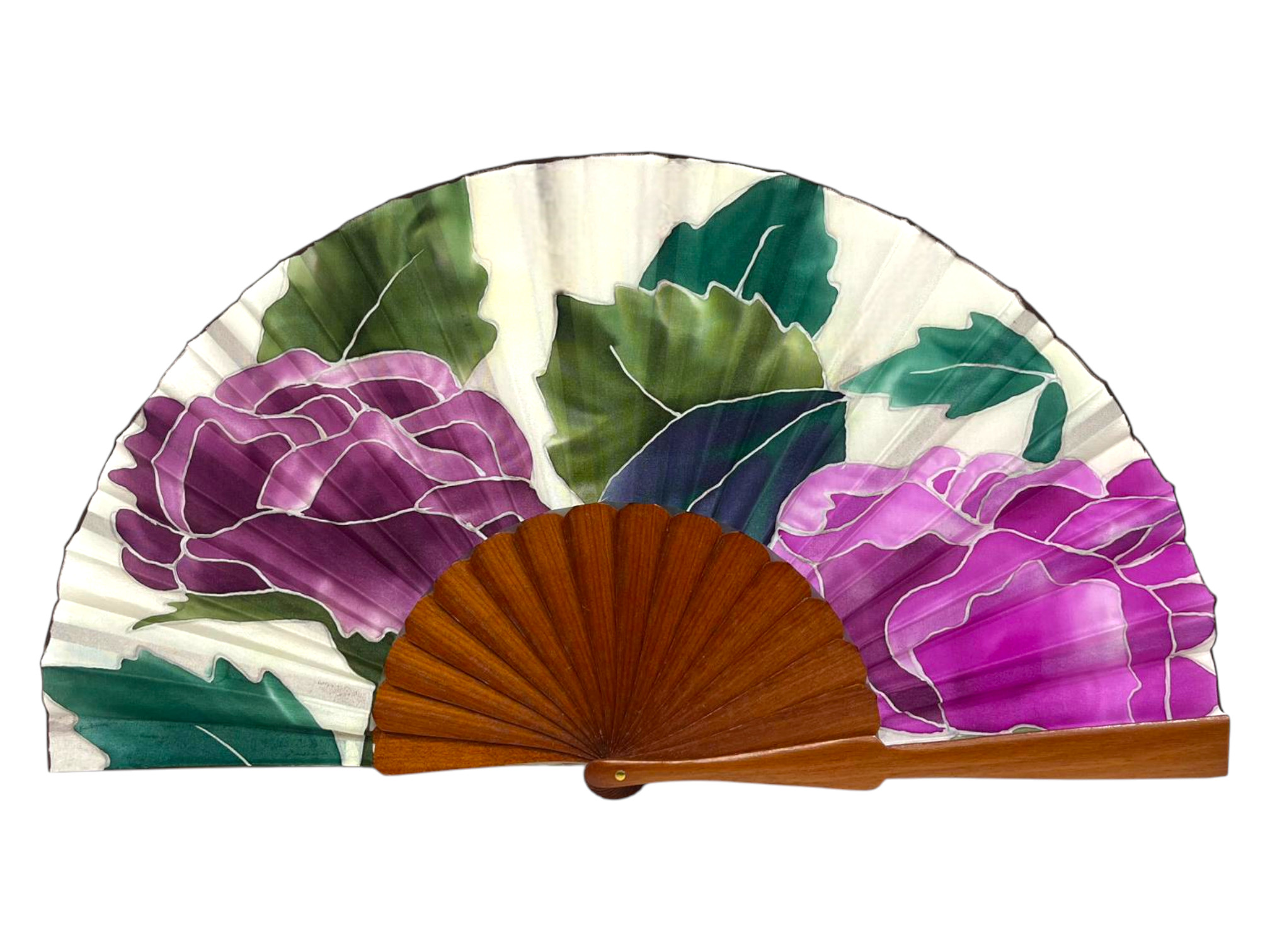 Painted Silk Fan with Polished Pear Wood Sticks. MA5