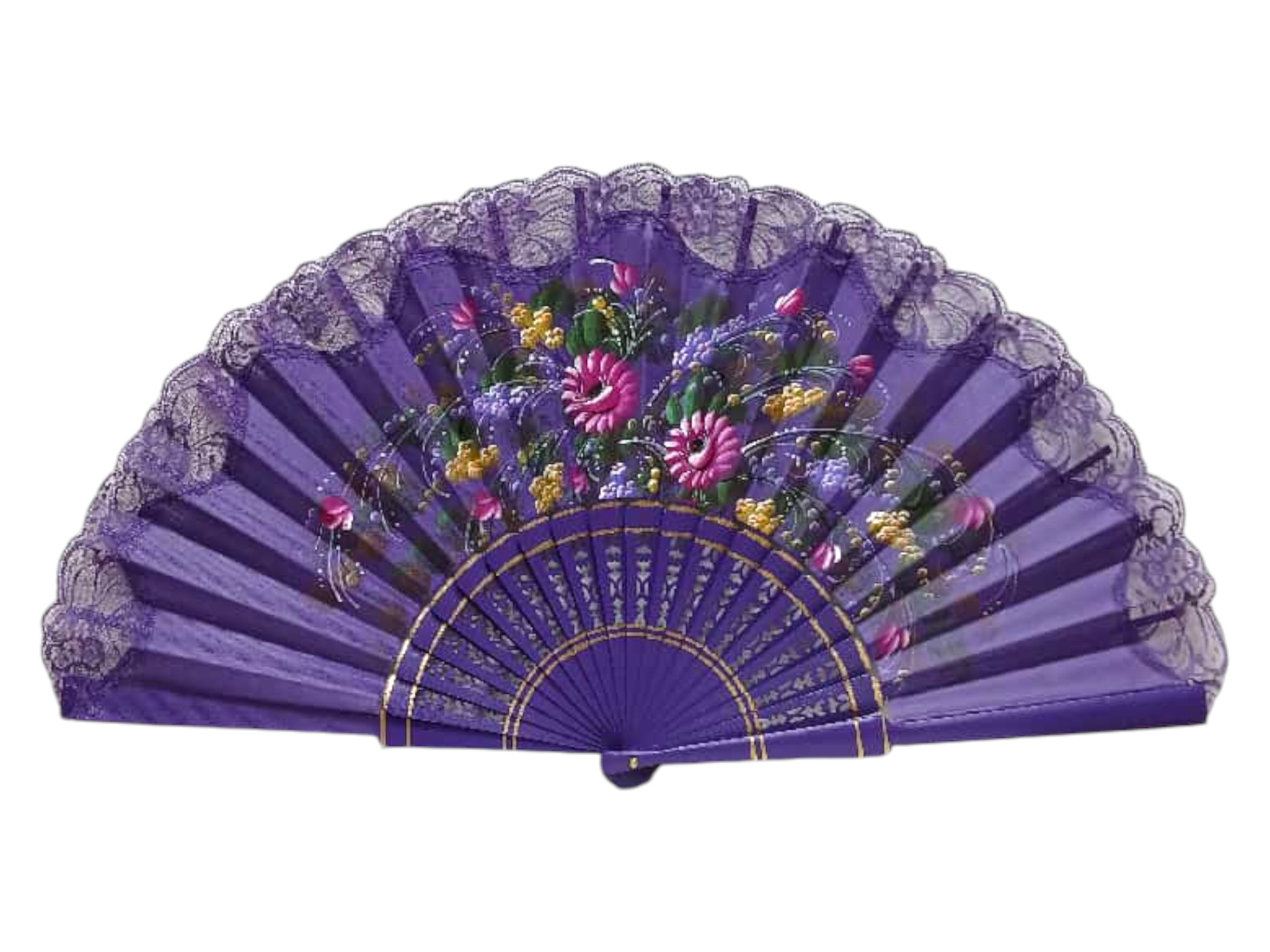 Abanico pintado a mano con puntilla morado. ref. 150ENCJ