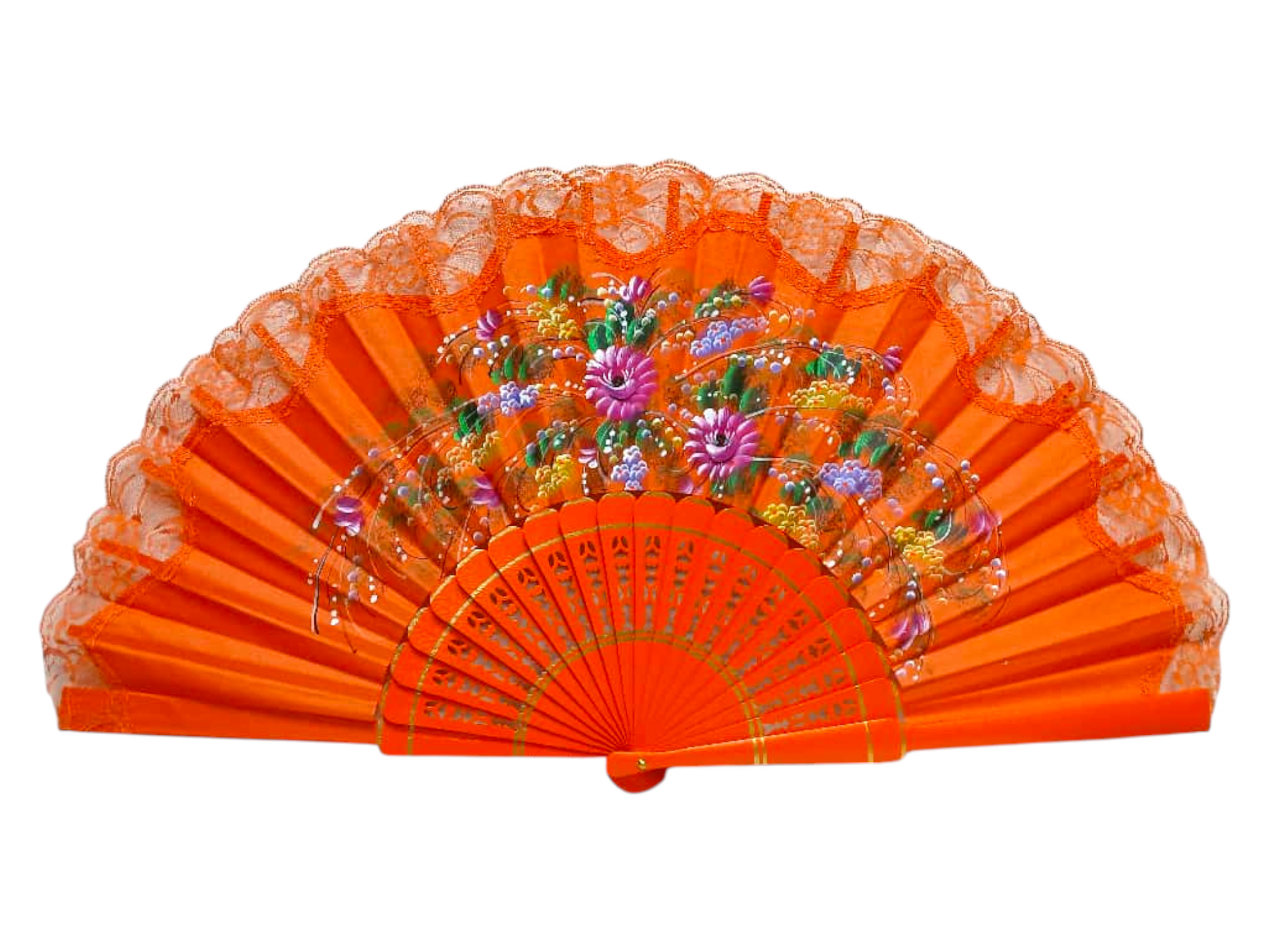 Abanico pintado a mano con puntilla naranja. ref. 150ENCJ