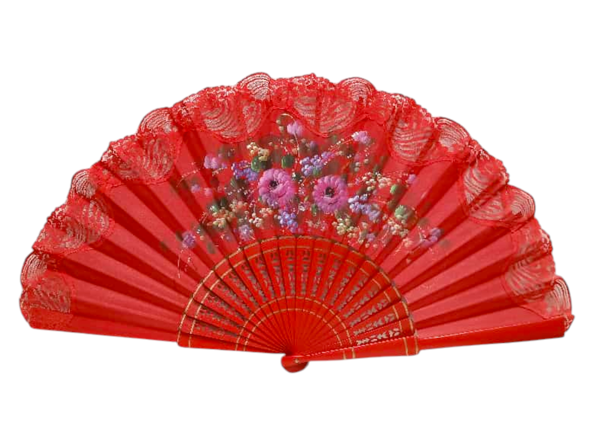 Abanico pintado a mano con puntilla roja. ref. 150ENCJ