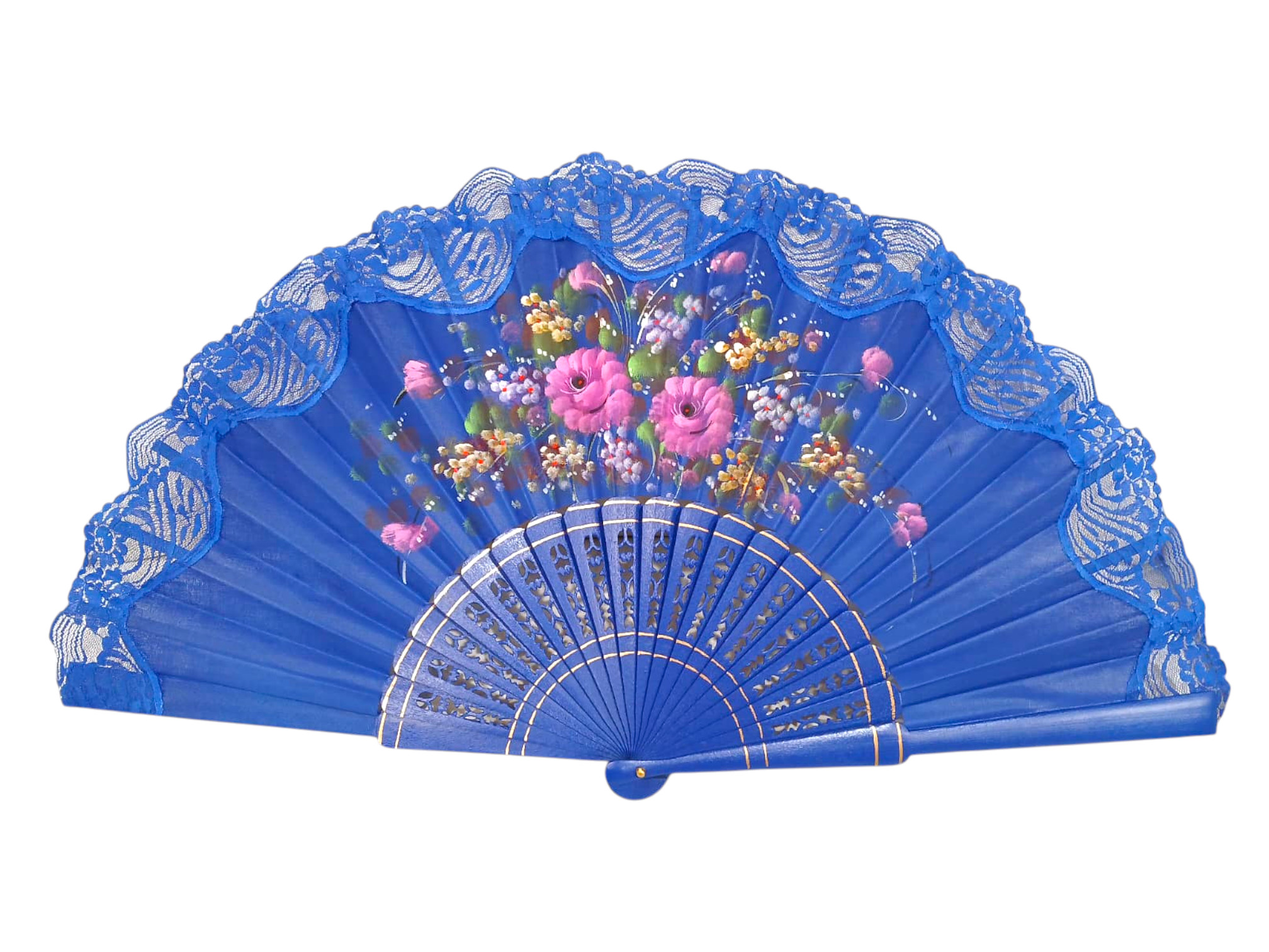 Hand painted fan with blue lace. ref. 150ENCJ