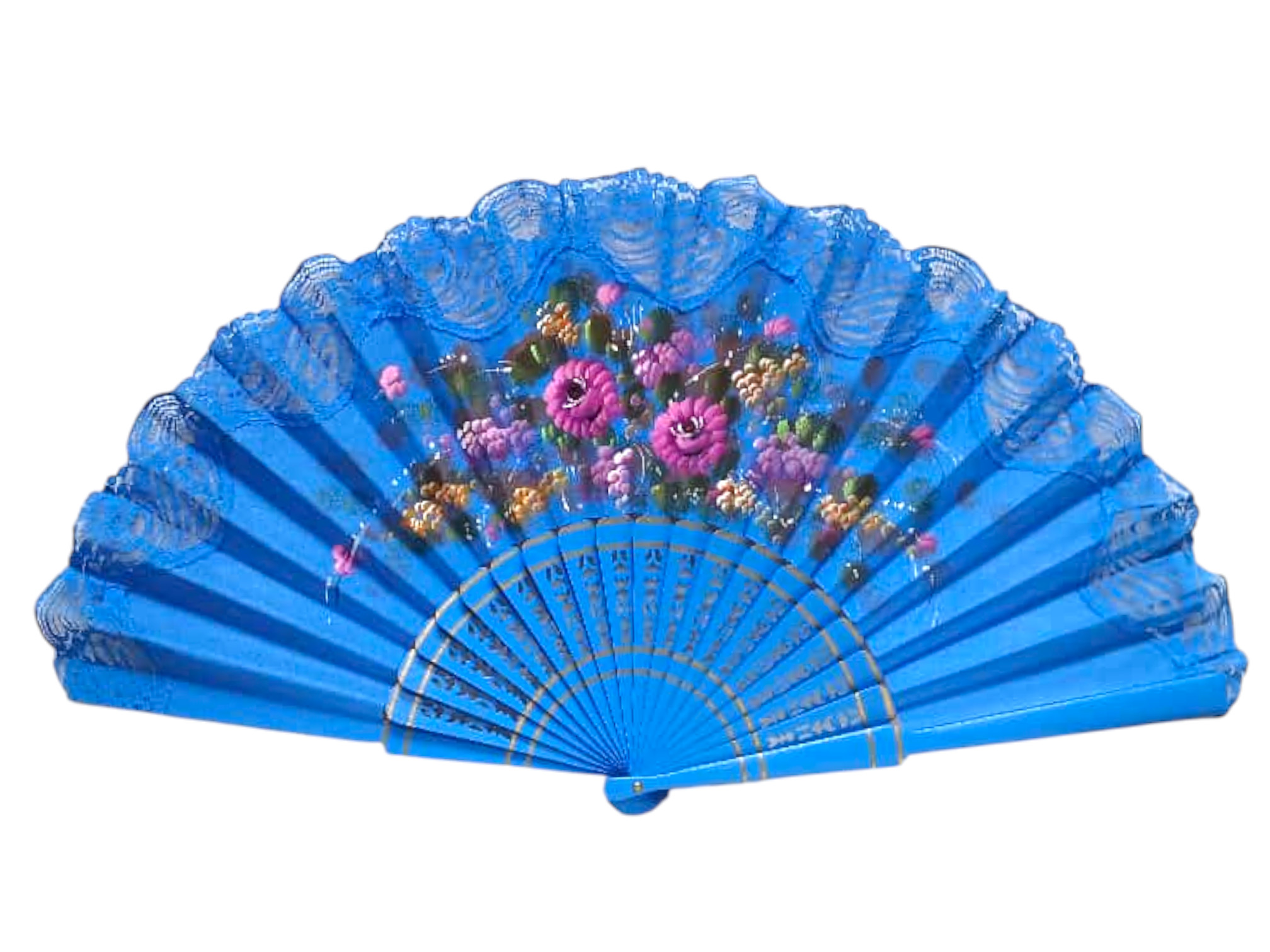Abanico pintado a mano con puntilla azul. ref. 150ENCJ