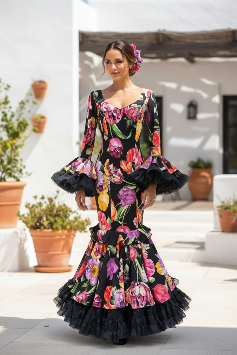 Talla 40. Traje de flamenca Cristina Estampado de flores y tulipanes